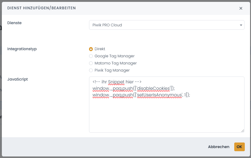 Konfiguration Piwik Pro ohne Einwilligung